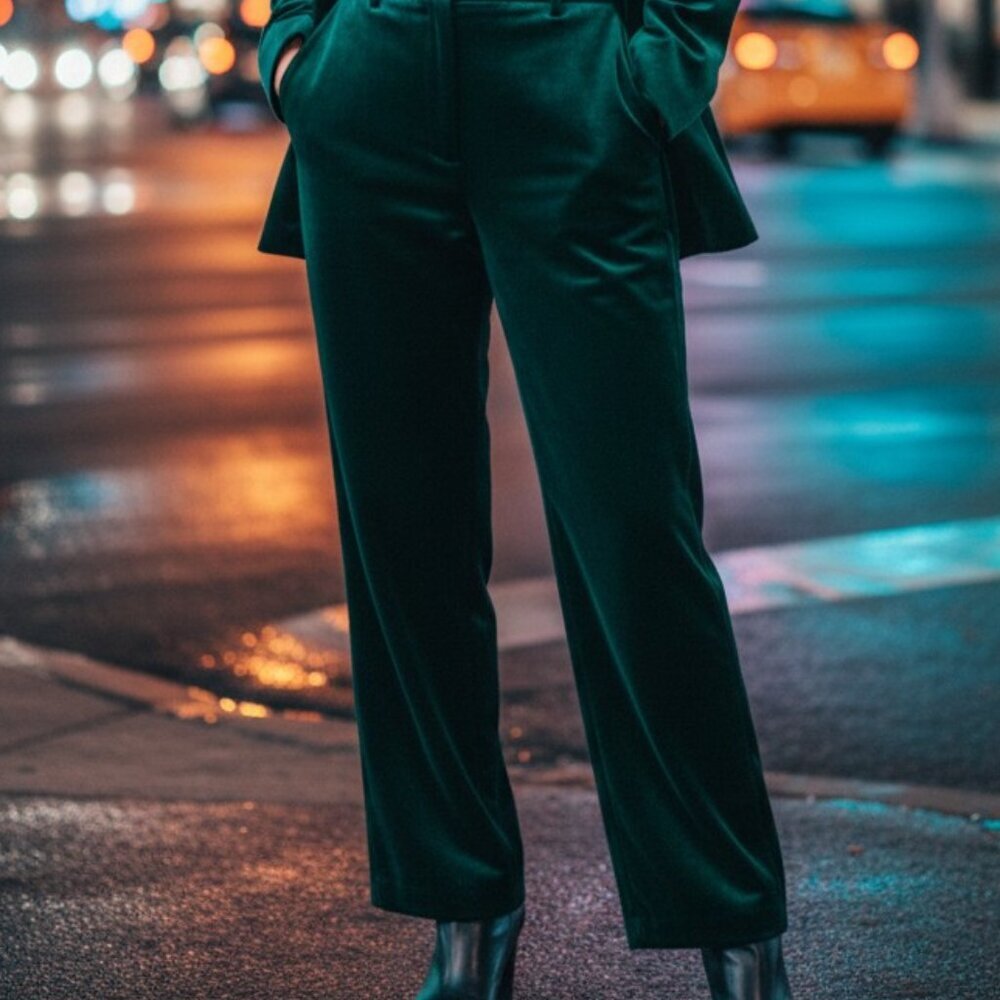 19 Cooper Velvet Wide Leg Pants Womens M Emerald Green Pleated Front High Rise